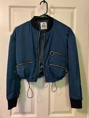 UNIF Blue Cropped Bomber Jacket with Ring Zips
